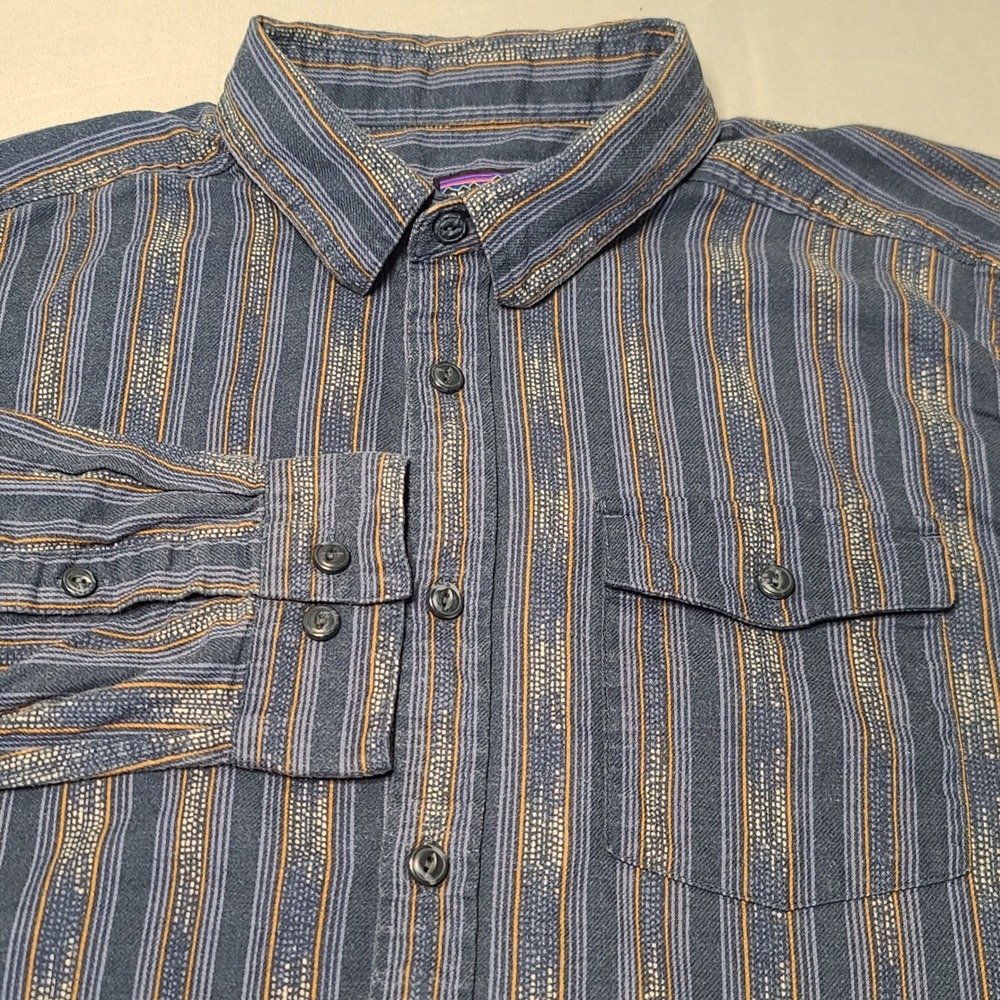 Patagonia Button Down Shirt Mens Large Blue Dobby Stripe Organic Cotton Long Slv